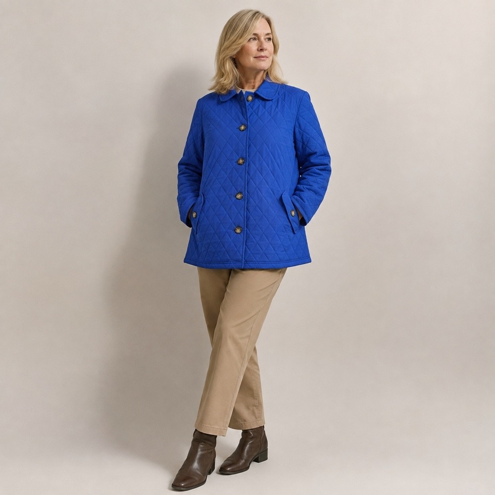 Blue Quilted Puffer Jacket Coat Diamond Stitch Collared XL Petite